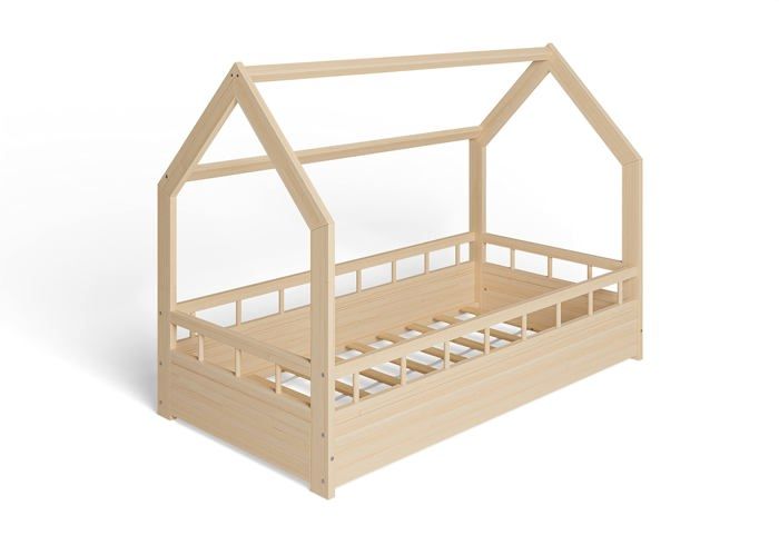 lit enfant bébé maison 80x160 cm - ms factory - lit en massif cabane avec protection - bois barrières