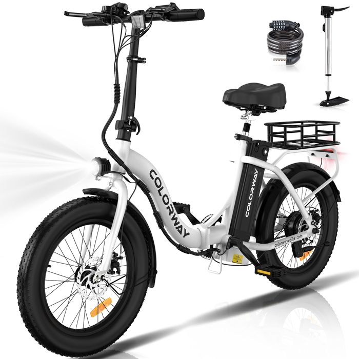 COLORWAY  V&eacute;lo &eacute;lectrique Pliable 20*3.0 Gros Pneus Batterie 36V 12Ah E-BIKE pliant Blanc +HITWAY panier arri&egrave;re 