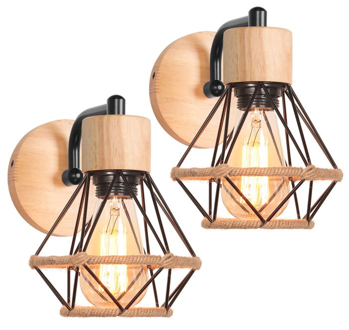 iDEGU 2pcs Lampe Murale Vintage Applique Murale Industriel en Bois Métal Abat-jour Design Cage Luminaire Murale pour Salon Chambre