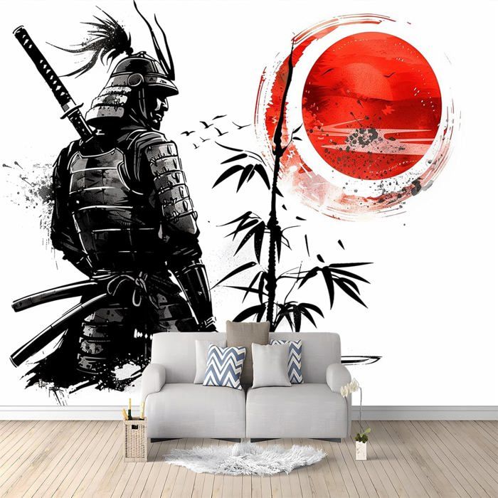Papier Peint Effet 3D Samouraï Japonais Et Soleil Rouge Blanc Photo Peintures Murales Tv Canapé Thème Hôtel De Luxe 400x280 cm