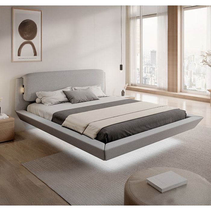 Lit double pour Matelas 160x200cm Design Flottant avec Lumière LED Cadre en Bois Tapissé en Lin Gris Sommier à Lattes Diana