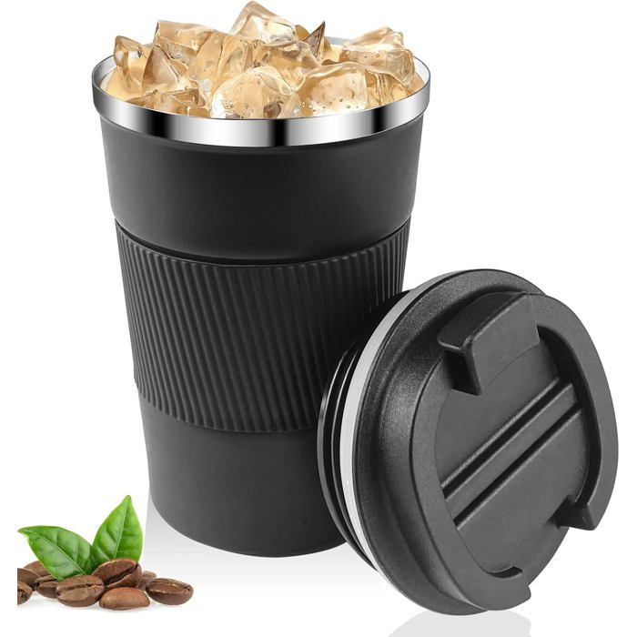Mug Isotherme Cafe 380ml Noir Mug Isotherme Réutilisable Acier Inoxydable 304 Tasse de Voiture avec Couvercle Café Étanche Mug