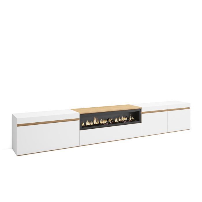 SKRAUT HOME Meuble TV Banc T&eacute;l&eacute; 288x45x35 cm TV grand format Chemin&eacute;e &eacute;lectrique Blanc et Ch&ecirc;ne Soft RF3788