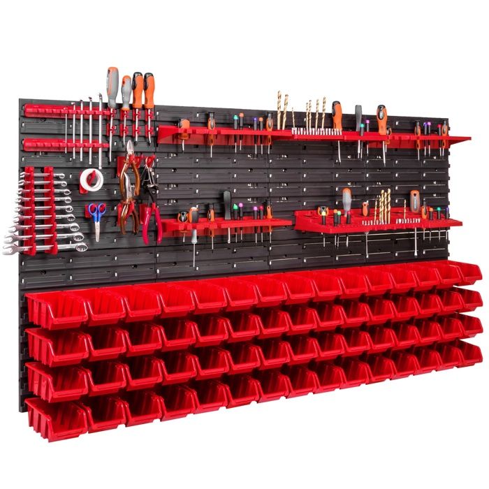 SOARS Porte-Outils Mural 120x60cm En Métal Robuste - Rangement Garage Avec 17 Crochets Et 3 Panneaux Perforés, Organisation Atelier Et Cave - Noir Et Rouge