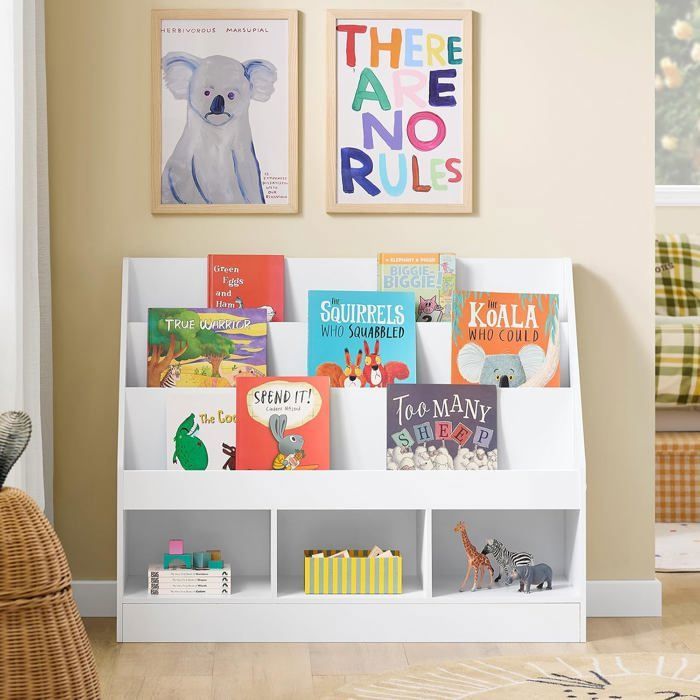 SoBuy Bibliothèque Enfant avec 3 Compartiments Étagère Livres 3 Niveaux Meuble Rangement Jouets Chambre Blanc 100x30x80 cm