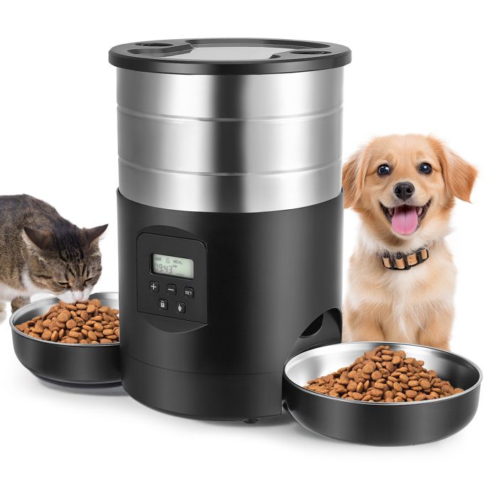 5L Croquettes Chat Automatique Double INOX Distributeur Croquettes Chien avec 2 Bols Mangeoire Programmable pour Petite/Moyenne