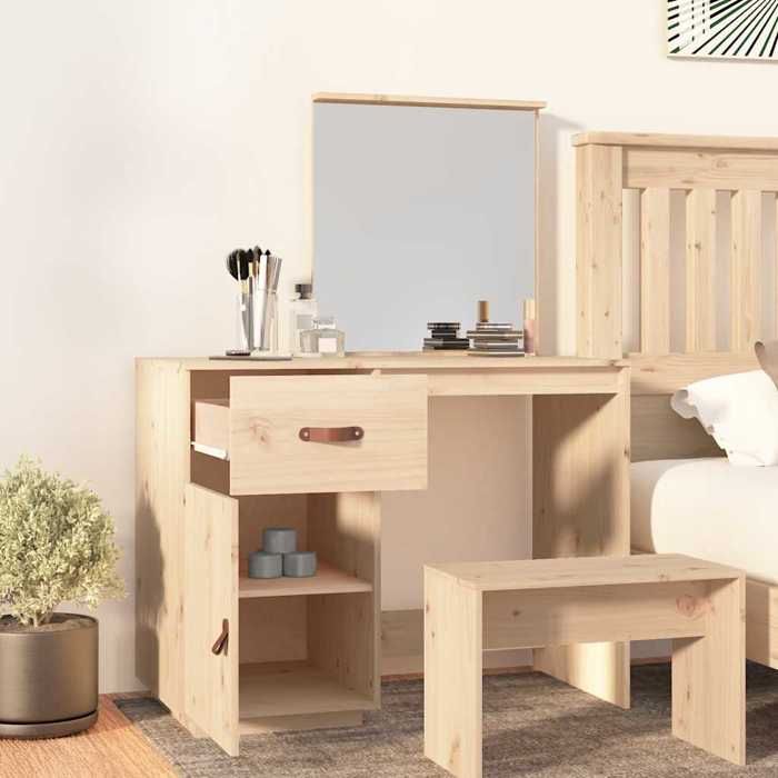 Coiffeuse en bois avec miroir - vidaxl - 95x50x135 cm - Bois de pin massif - Brun - Miroir inclus
