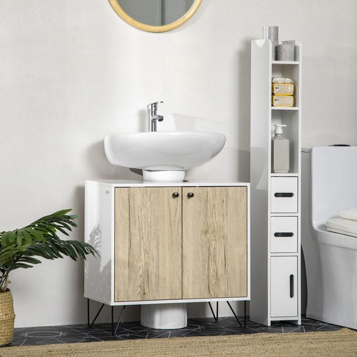 Meuble sous lavabo meuble de salle de bain avec 2 portes pieds en acier 60 x 30 x 60 cm blanc et bois naturel