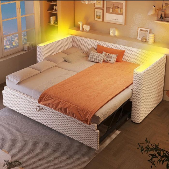 Lit de jour divan-lit 90-180×200cm conception multifonctionnelle avec barre lumineuse LED sommier lattes sans matelas velours beige