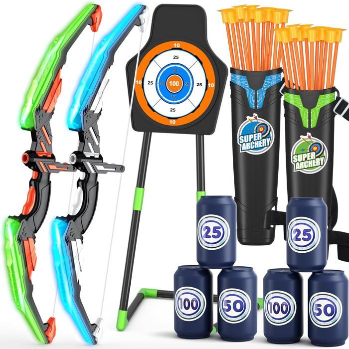 Kit de Tir à lArc HYES pour Enfants - 2 Arcs 24 Flèches à Ventouse Cibles LED