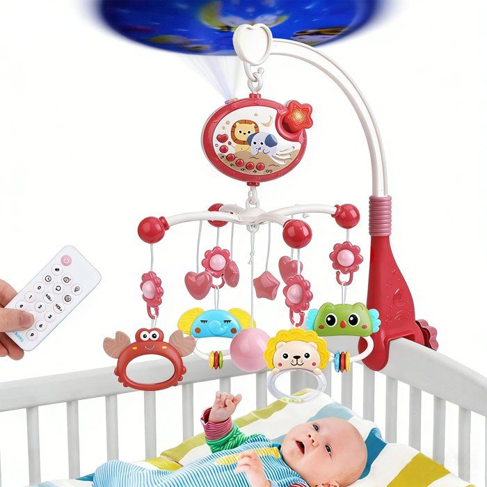 Mobile Musical pour Lit Bébé - Lumières Musique & Projecteur avec Télécommande - Cadeau Idéal pour Nouveau-Né Couleur Rose