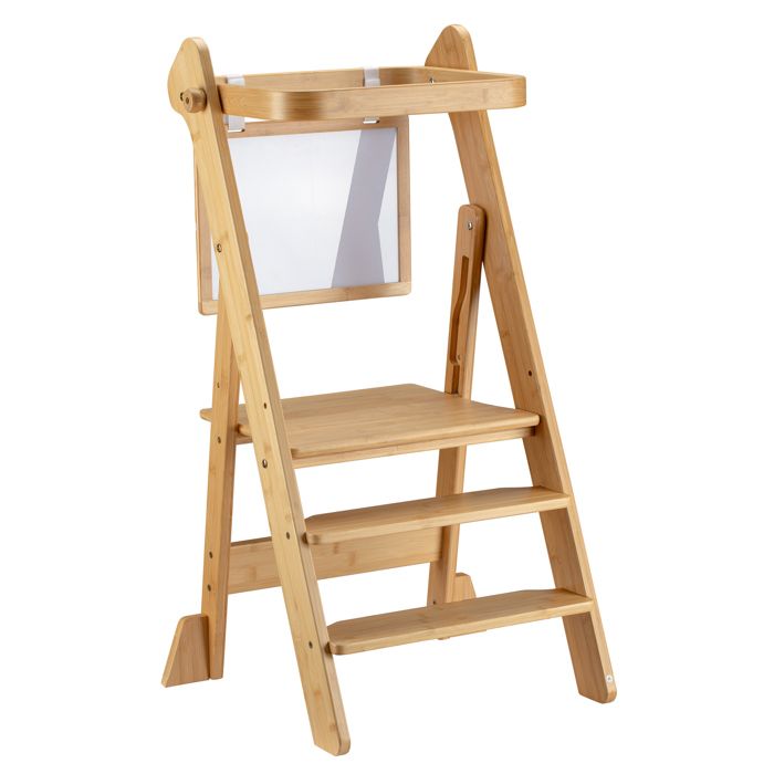 Wiltec Chaise pour enfant Tour dapprentissage pliable 43 x 48 x 91 cm en bambou réglable en hauteur pour enfants tour debout ave