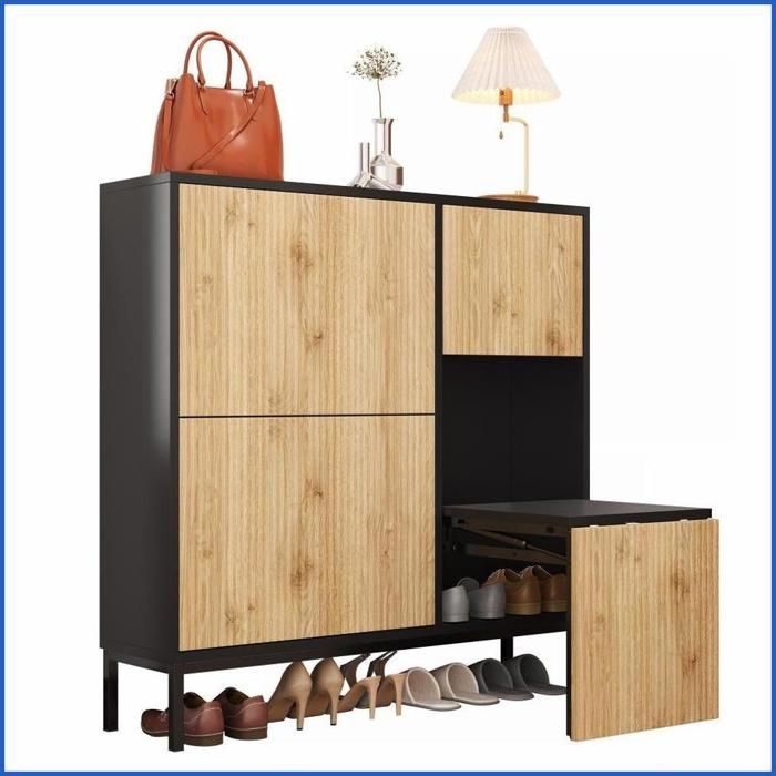 Meuble à Chaussures avec Hocker Rétractable 3 Portes &amp Ablage Ouverte – Pour Flur/Schlafzimmer – Noir + Bois