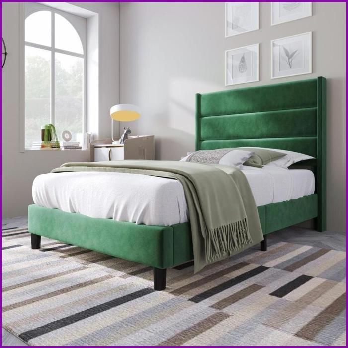 Polsterbett Jugend 90x200 cm - Bettgestell velours vert foncé avec latte de support & tête de lit
