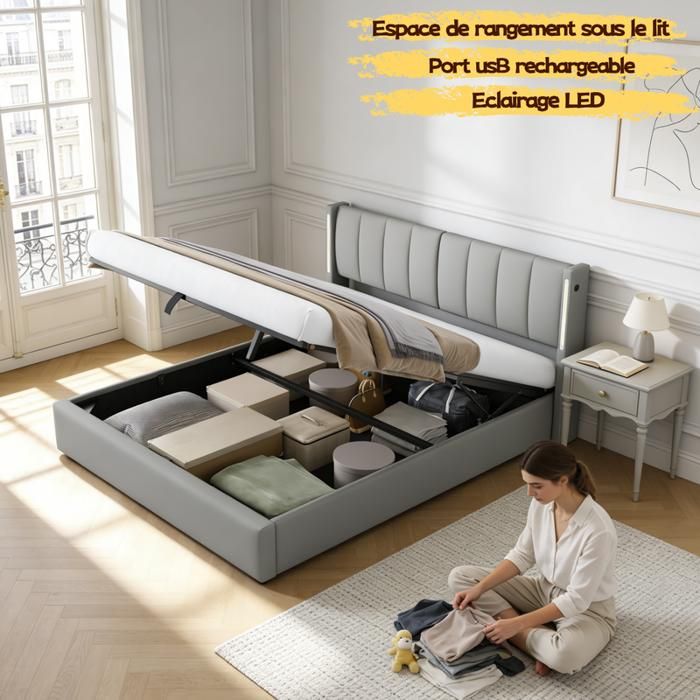 Lit coffre rembourré 140 x 200 cm lit hydraulique port USB sur le lit avec éclairage LED gris