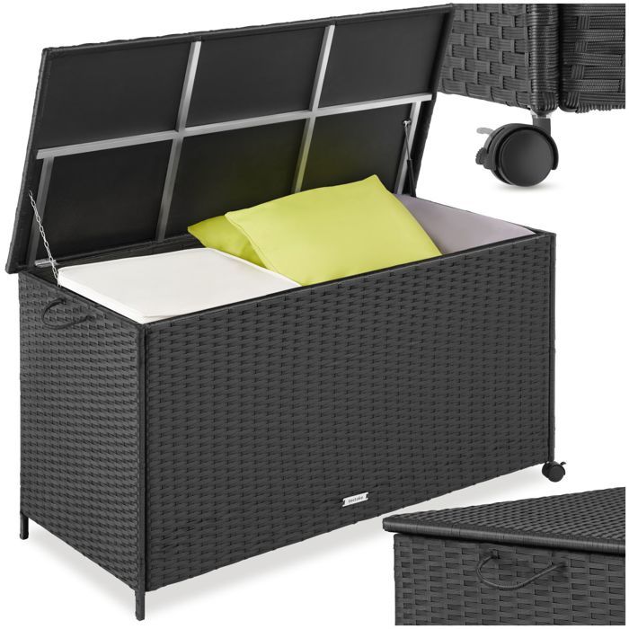 Rangement dextérieur - TECTAKE - Coffre de jardin KUUSAMO en rotin avec roulettes résistant aux UV 117x54x64 cm - Noir