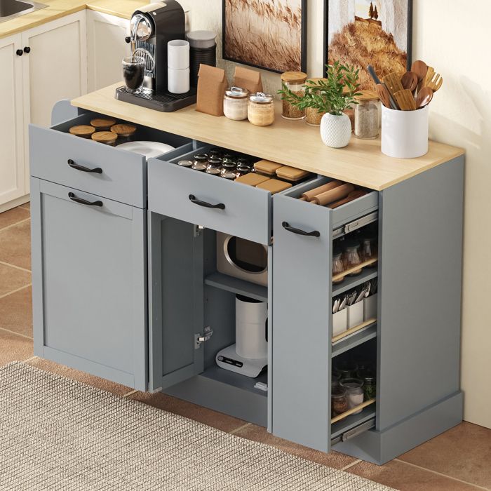 Buffet bas 133x40x86 cm avec 3 tiroirs Buffet de cuisine avec compartiment pour poubelle et étagère à épices Buffet salon en gris