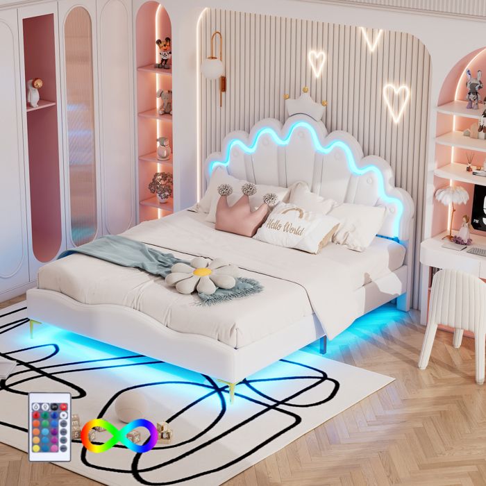 Lit adulte Double 140×200 cm LED réglable et tête couronne - YEAVIO - sans matelas PU blanc