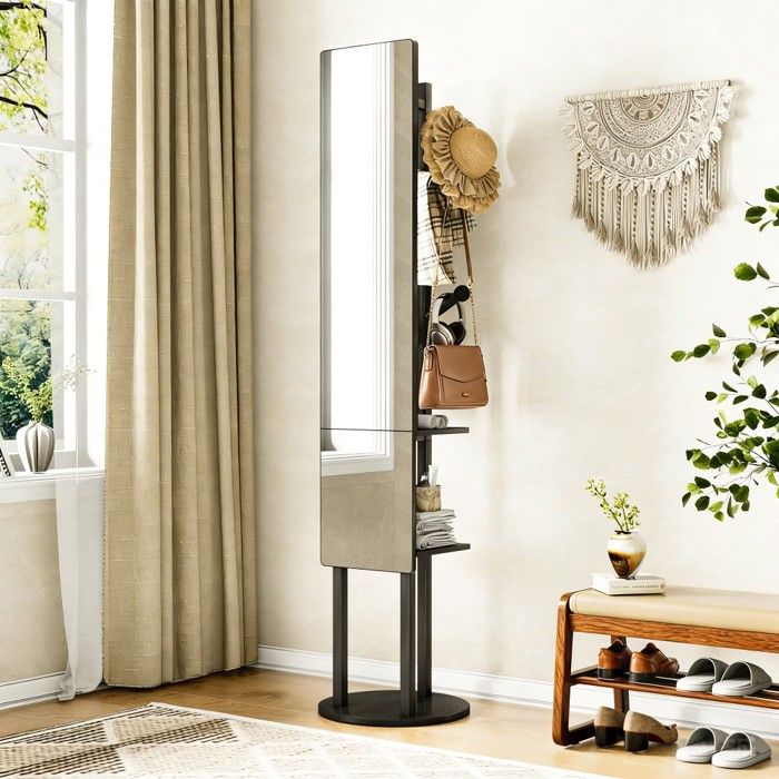 Armoire miroir pleine longueur pivotant 360° meuble de rangement multifonction avec crochets chambre noir 40x40x174cm