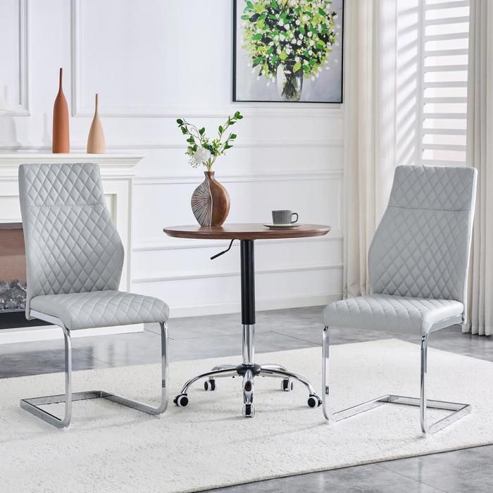 Set de 2 chaises - KOMHTOM - dossier haut - PU gris clair - motif losange - assise rembourrée Set de 2 chaises - KOMHTOM - dossier haut - PU gris clair - motif losange - assise rembourrée