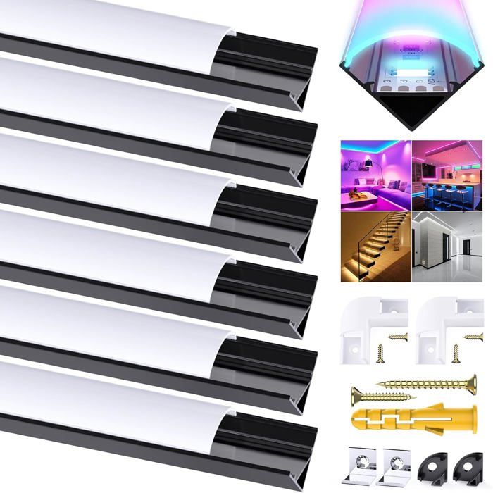 Lot De 6 Profilés De Bande Led En Aluminium 1 M Noirs En Forme De V Avec Couvercle Blanc Laiteux Embouts De Fixation Clips D[EA108]