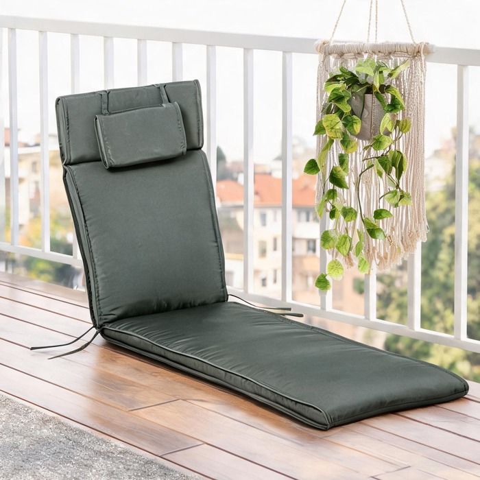 Matelas de transat en polyester gris classique avec housse amovible et oreiller intégré pour jardin et intérieur 198 x 53 cm