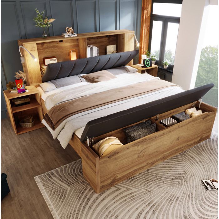 ROVRYN Lit double 160 x 200 cm avec sommier à lattes 2 chevets banquette coffre lampes USB chêne