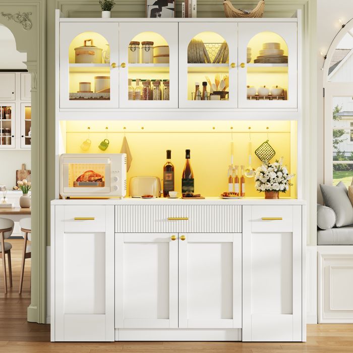 Buffet de Cuisine Haut avec Éclairage LED - Vaisselier 3 Vitrines Niche Micro-ondes et Étagères Coulissantes - Blanc Buffet de Cuisine Haut avec Éclairage LED - Vaisselier 3 Vitrines Niche Micro-ondes et Étagères Coulissantes - Blanc