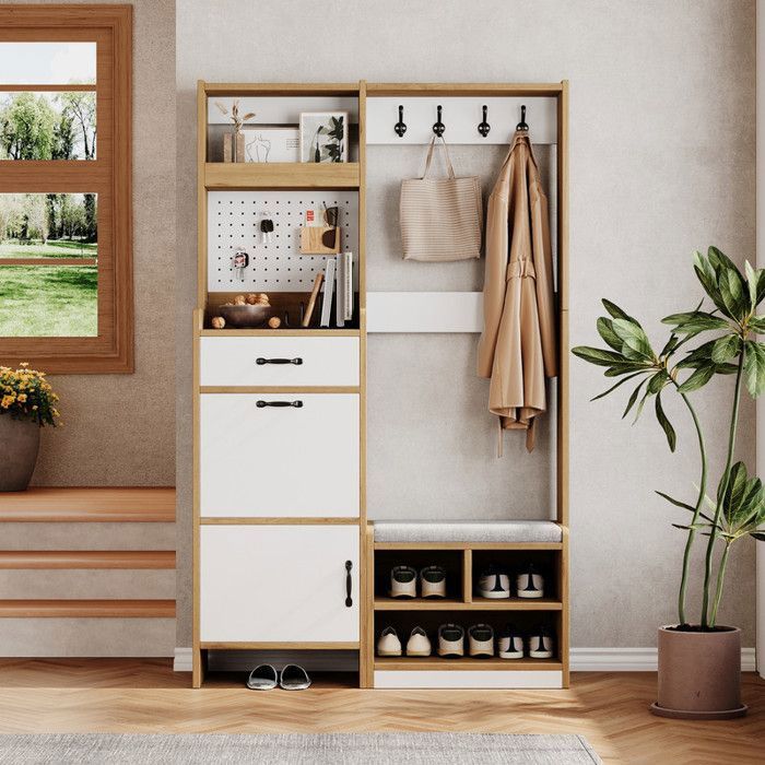 Comfyu - Penderie dentrée - Meuble de couloir avec banc étagère à chaussures patères tiroirs et espace de rangement - Bois/Blanc
