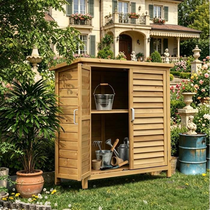 Armoire de rangement extérieur en bois de sapin avec étagère intérieure et toit bitumé - LPOSPI - jaune