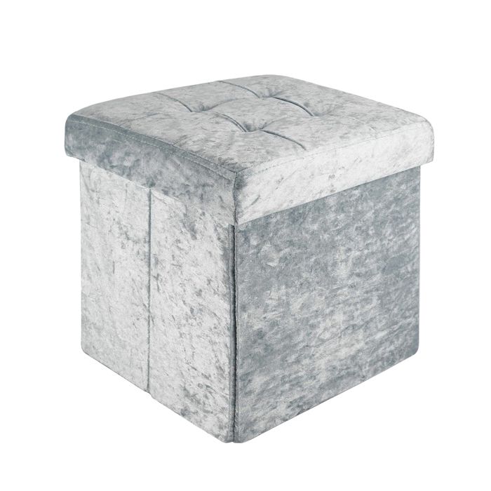 Pouf coffre de rangement pliable 30x30x30 cm en velours bleu-gris - tabouret cube repose-pieds et boîte de rangement avec couvercle