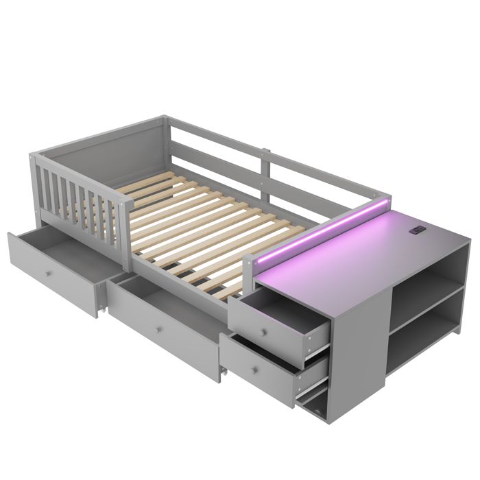 Lit Enfant 90x200 Cm Avec Bureau Rangement Prise LED 5 Tiroirs Étagères Et Barrière De Sécurité Semi-Ouverte- Gris