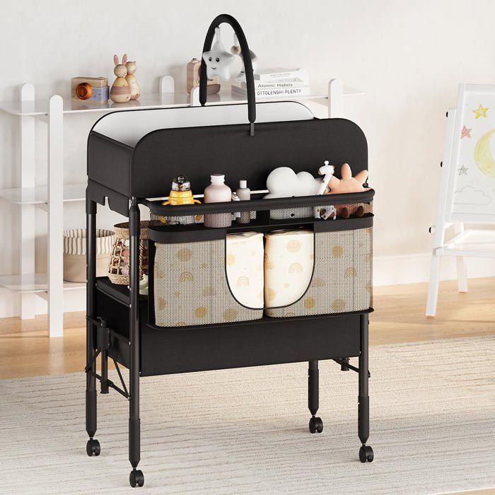 Table à langer pliable bébé portable sur roulettes hauteur réglable - 2 tiroirs de rangement + matelas à langer imperméable - Noir