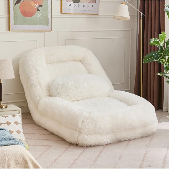 Canapé de sol convertible – dossier réglable 5 positions – peluche beige – 1 place