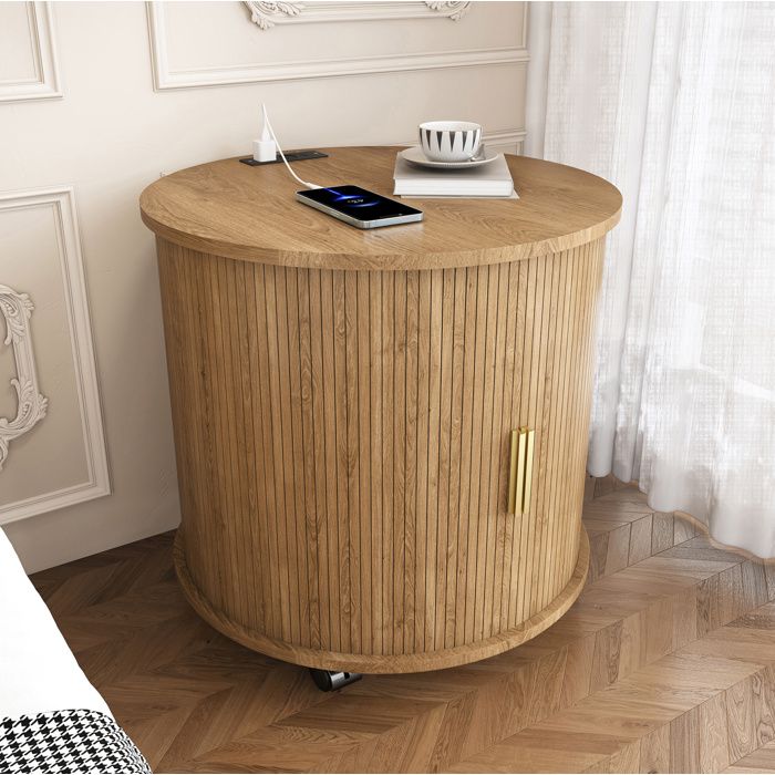 ULEVR Table de chevet cylindrique Mid-Century 60 x 60 x 60 cm 1 prise et 2 USB aspect chêne sur roulettes