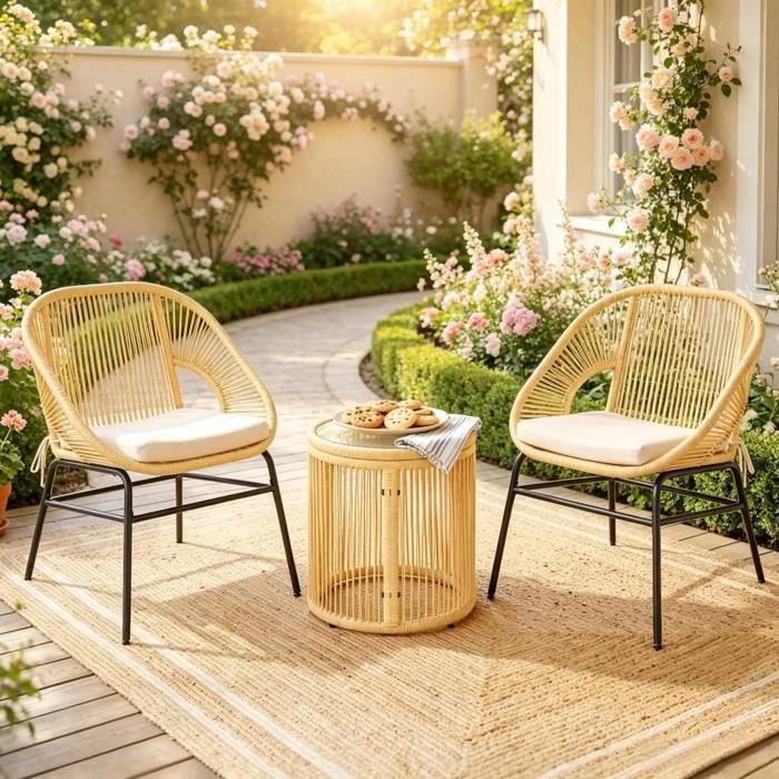 ULEVR Salon de jardin 2 places beige en résine tressée 2 fauteuils table ronde en verre trempé extérieur