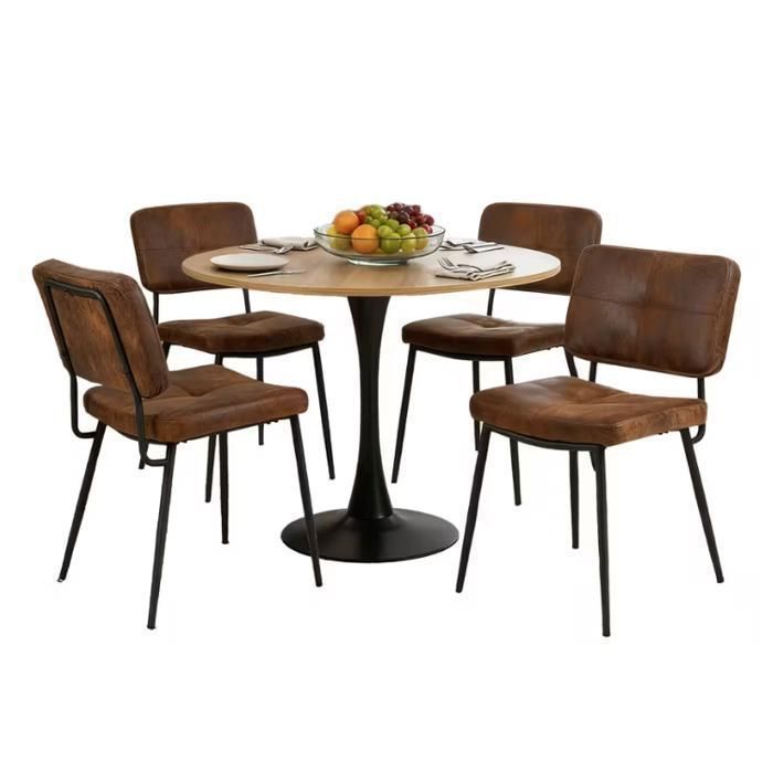 MEUBLES COSY Ensemble de salle à manger composé dune table ronde en chêne etde 4 chaises en suédine marron à assise rembourrée