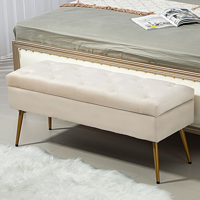 Banc de rangement beige 102 x 35 x 43 cm assise capitonnée coffre intégré structure métal montage à faire