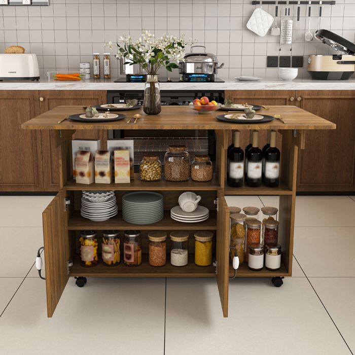 Table à manger pliante 110x70x80 cm avec 5 étagères 5 roulettes dont 4 avec frein gain de place MDF effet noyer clair