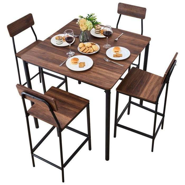 Pratique à Installer Ensemble Mange Debout 5 Pièces avec Table de Bar Carrée 90x90cm et 4 Tabourets Hauts Marron Rustique