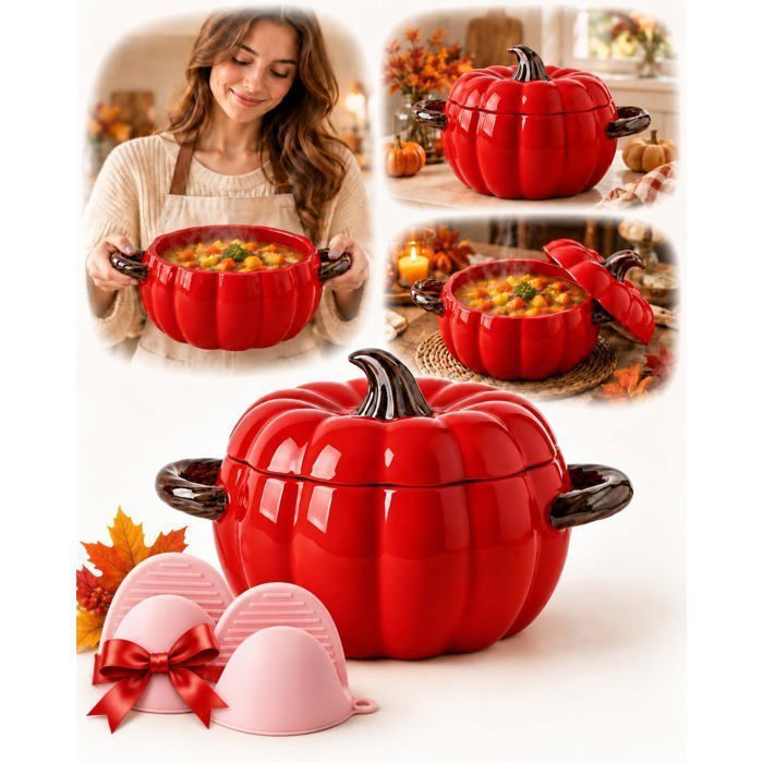 Cocotte en céramique en forme de citrouille - Ustensiles de cuisine pour Halloween - 800 ml - 20 x 12 cm