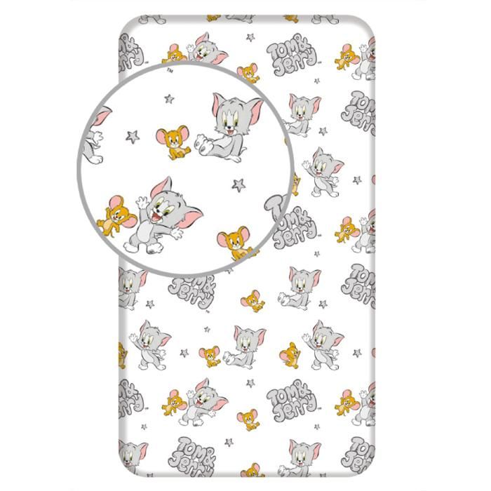 Tom & Jerry - Drap housse en coton - Blanc/Gris - 90 x 200 cm Tom & Jerry - Drap housse en coton - Blanc/Gris - 90 x 200 cm