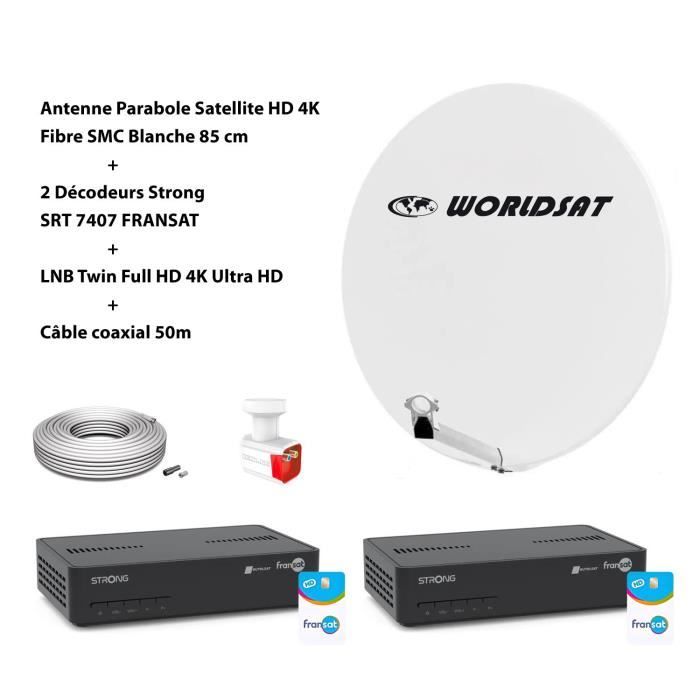 Kit Antenne Parabole Sat HD 4K Fibre SMC Blanche 85cm WORLDSAT + 2 Décodeurs Strong SRT 7407 FRANSAT + LNB Twin 4K HD + Câble 50m