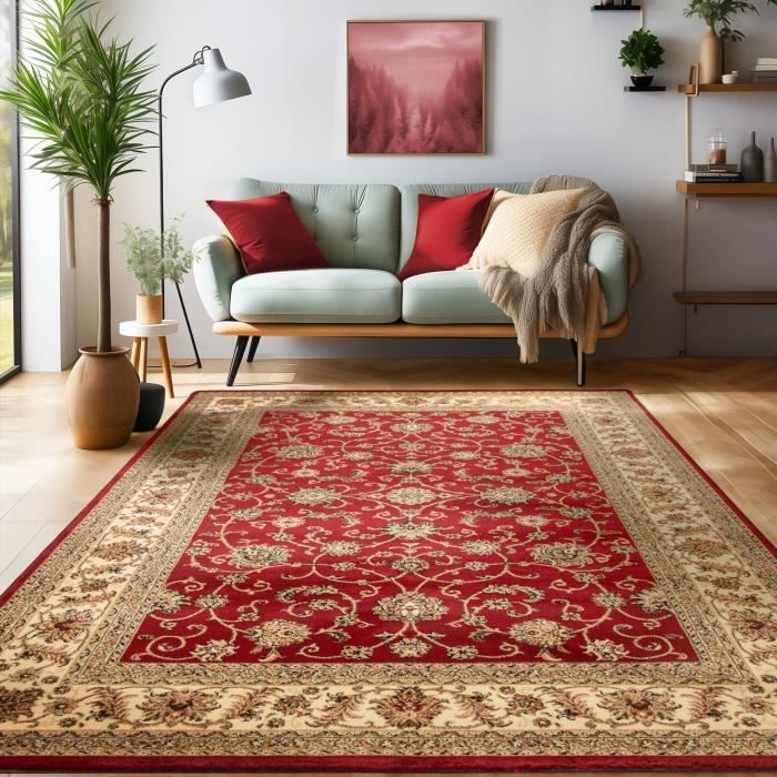 Tapis de salon à poils courts design tapis oriental ornements classiques  bordure rouge