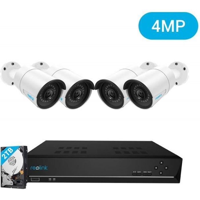 8CH 4MP 2TB HDD Reolink 8CH 4MP Kit Caméra Surveillance PoE avec 4X Caméra IP PoE Extérieur Infrarouge Vision Nocturne Système de Vidéo Surveillance PoE pour la Maison lEntreprise RLK8-410B4 