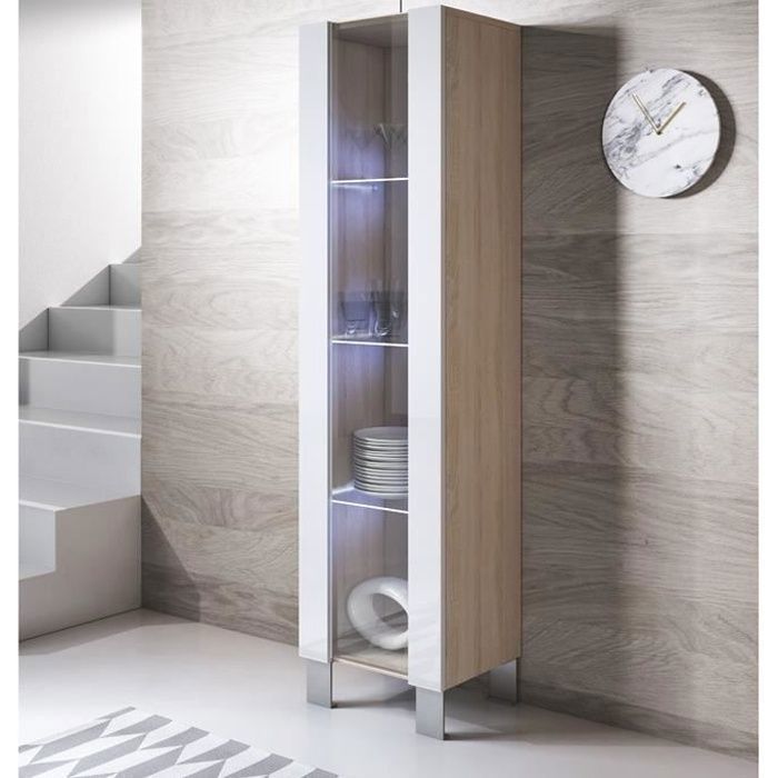 Design Ameublement - Vitrine Armoire LED LUKE V5 Sur pieds aluminium - 1 porte - Sonoma et Blanc Mat - 40x177x29cm