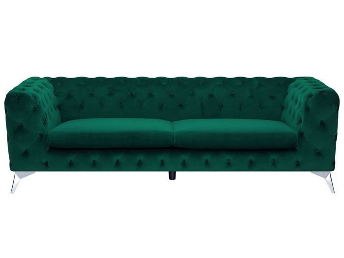 Canapé Chesterfield en velours vert - BELIANI - SOTRA - 3 places - Elégance - Chic - Moelleux
