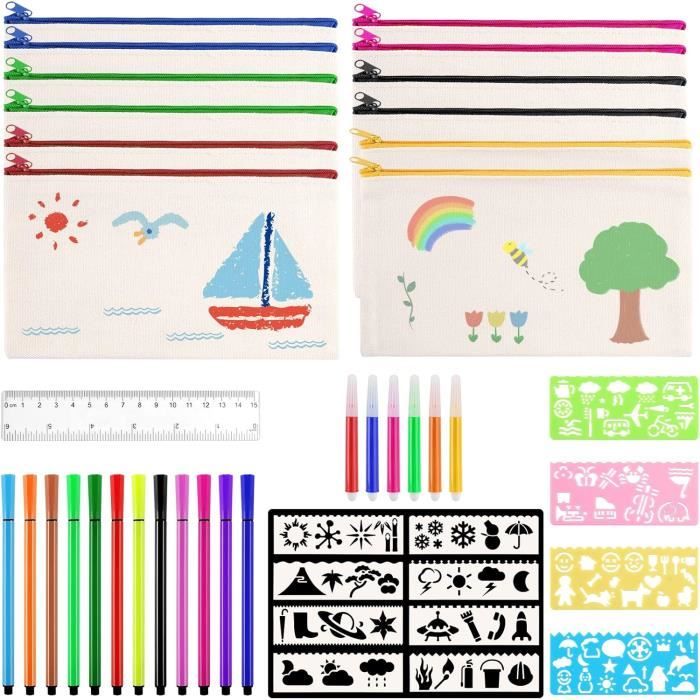 27 Pièces Trousses Coloriage Enfants - 12 Pochettes Zippées + 12 Pinceaux + 3 Autocollants Diamants, DIY Voyage