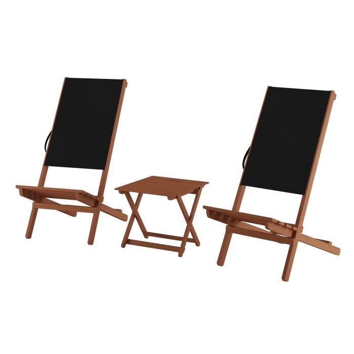 Chaise pliante en bois avec table chaise de plage siège de pêche tissu noir V-10-365 [double avec table]