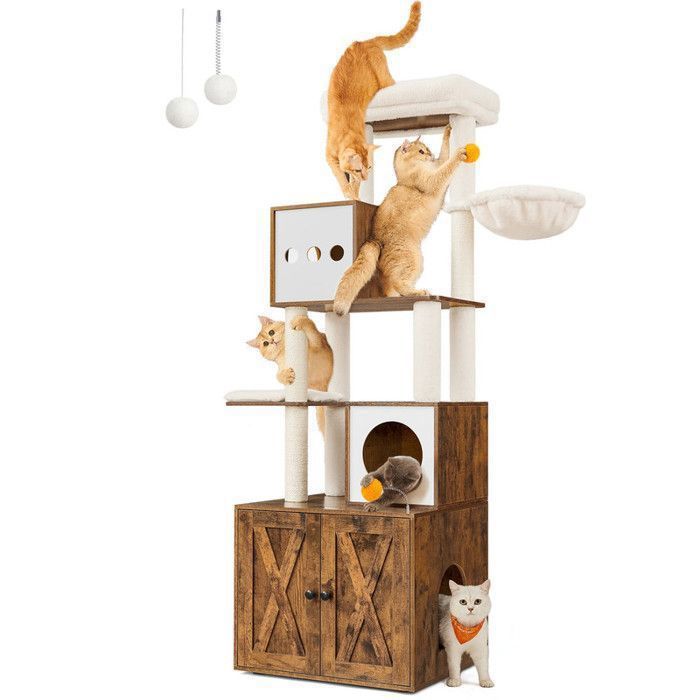 Comparer les prix de Arbre à Chat - FEANDREA - Moderne avec Cache-litière, Tour de Jeu et Griffoir - 185 cm - Marron Rustique
